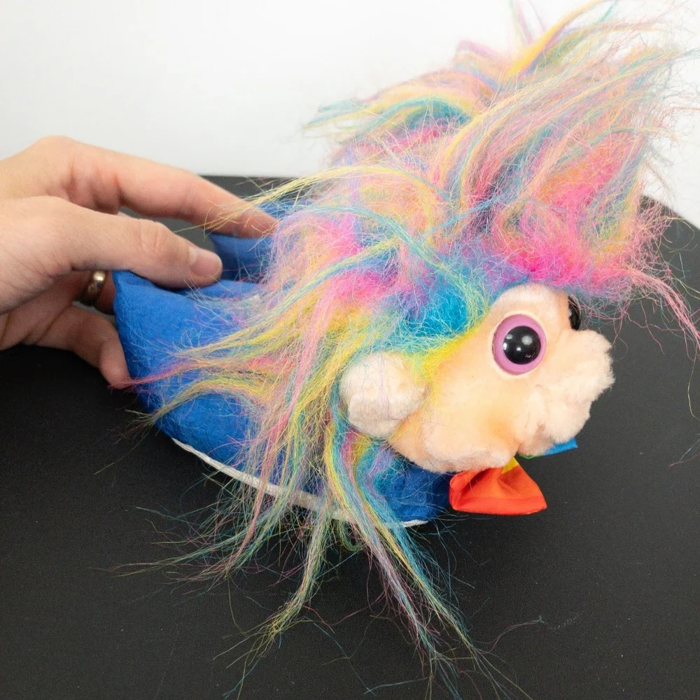 VTG Trolio Trolls Slippers Toddler Age 3Y+ Blue 90s Rainbow Hair Bow Tie